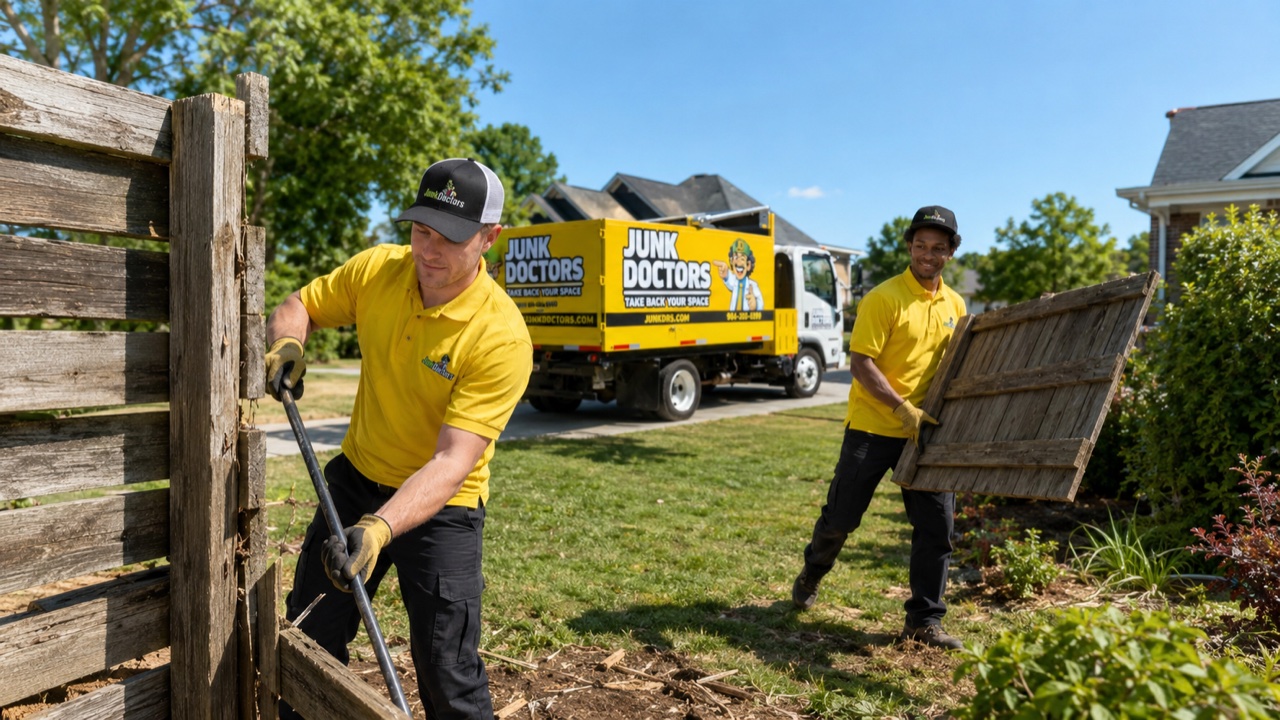 Junk Doctors crew removing fence debris at a home in NC